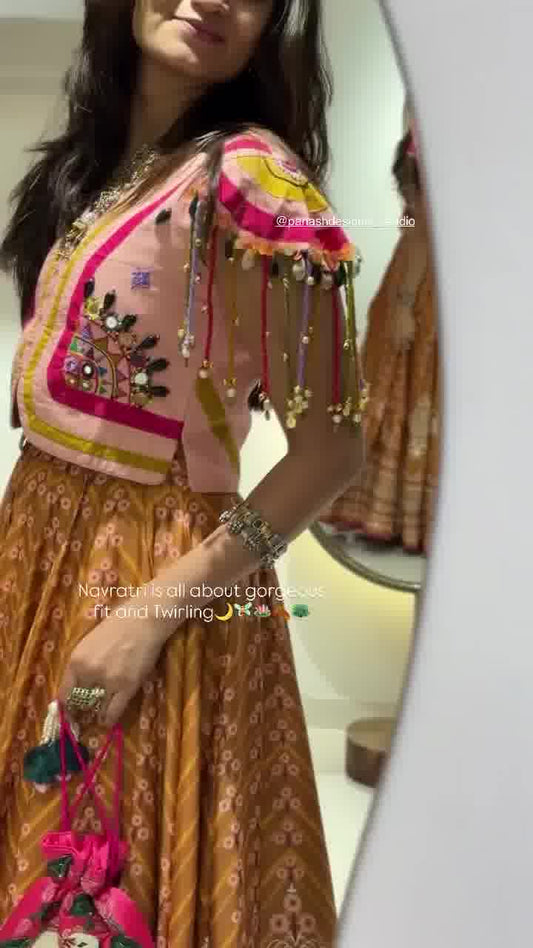 Boho Chic Vibes in Mustard Mirrorwork Lehenga with Colorful Tassel Koti Elegance