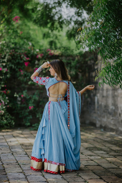 Sky Blue & Red Fusion Mirror Work Lehenga