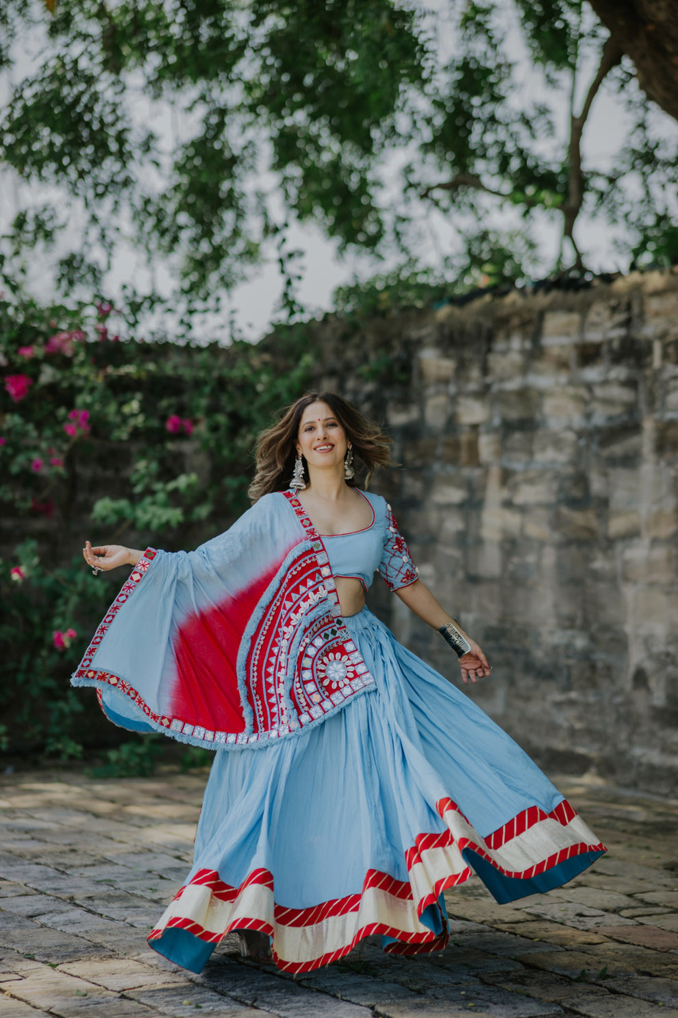 Sky Blue & Red Fusion Mirror Work Lehenga