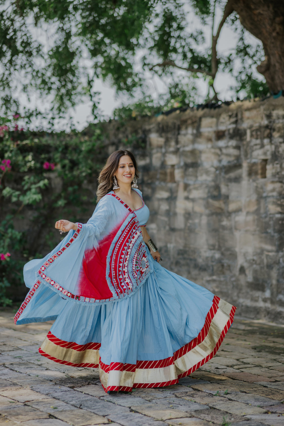 Sky Blue & Red Fusion Mirror Work Lehenga
