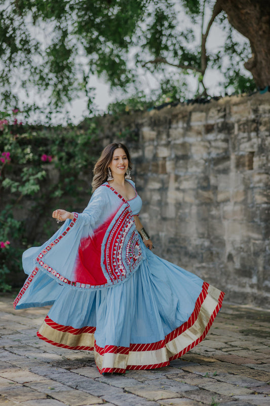 Sky Blue & Red Fusion Mirror Work Lehenga