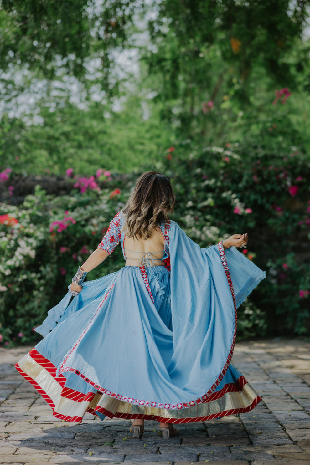 Sky Blue & Red Fusion Mirror Work Lehenga