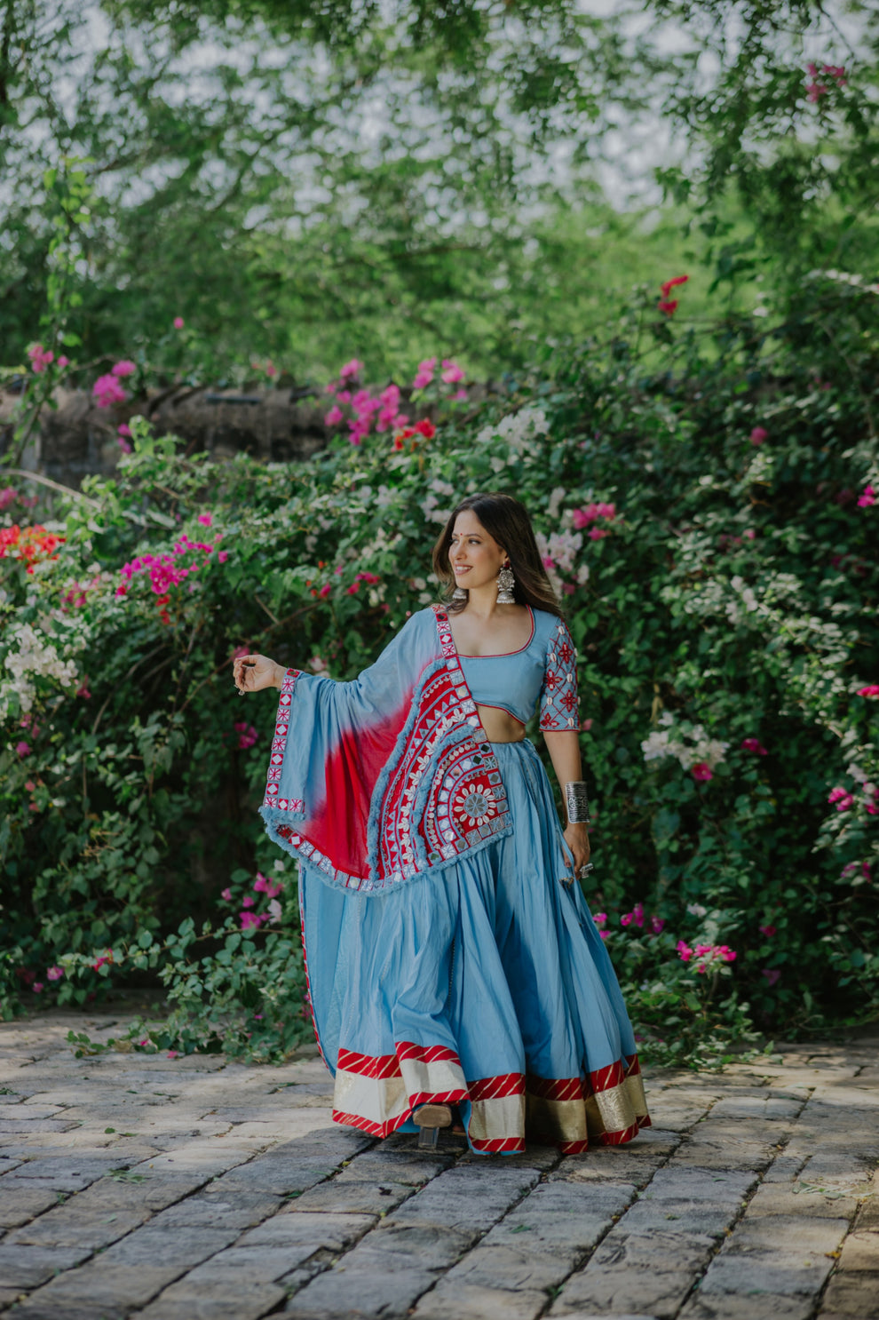 Sky Blue & Red Fusion Mirror Work Lehenga