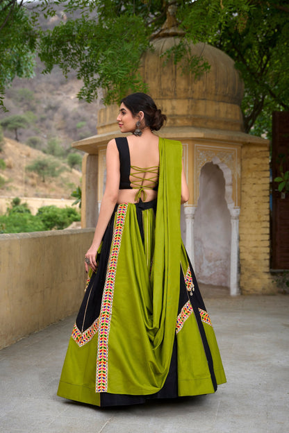 Festive Boldness Ethnic Lehenga Set in Olive Green & Onyx Black