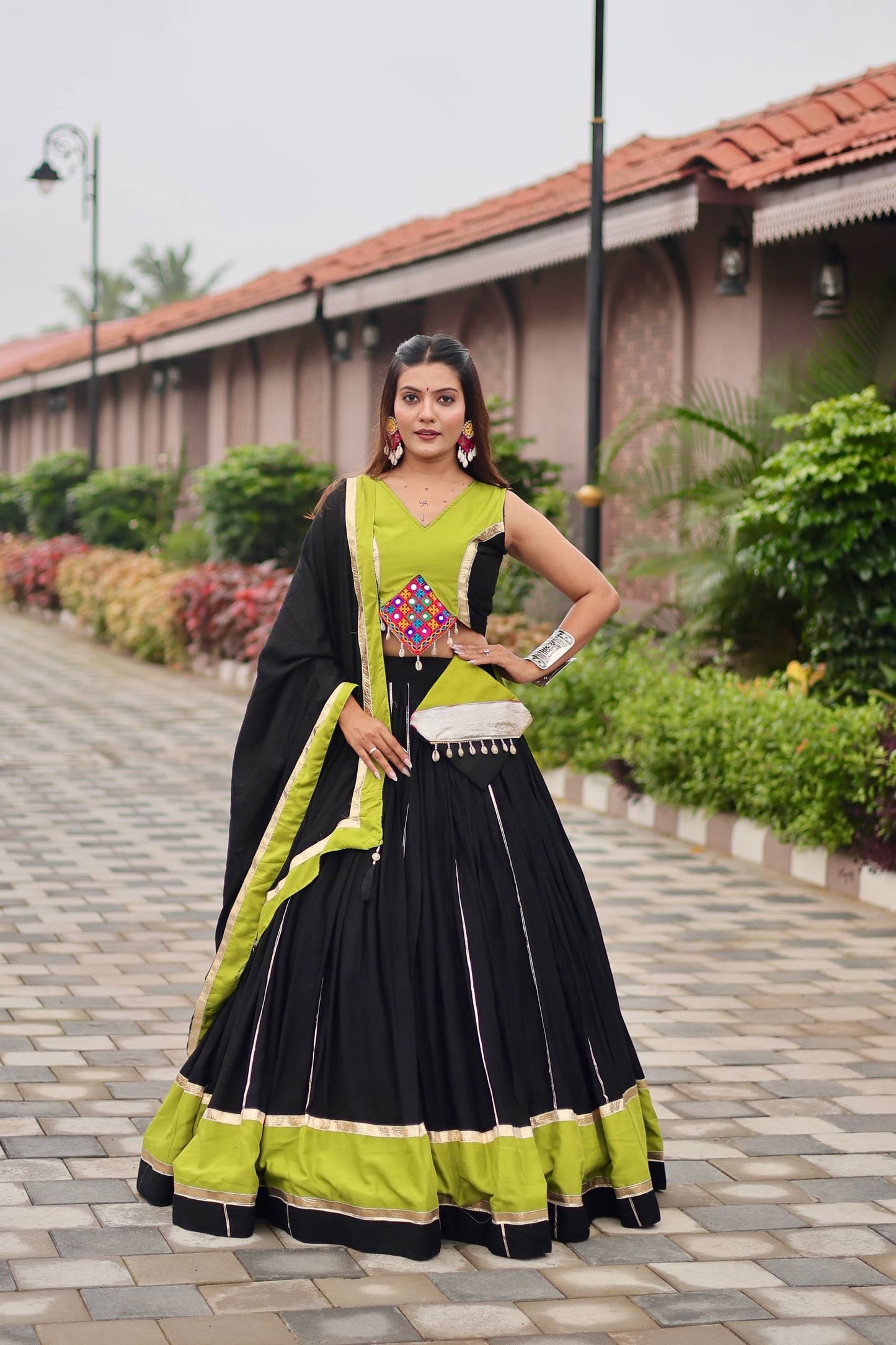 Sruti Pure Cottan Black & Olive Fusion Lehenga Choli