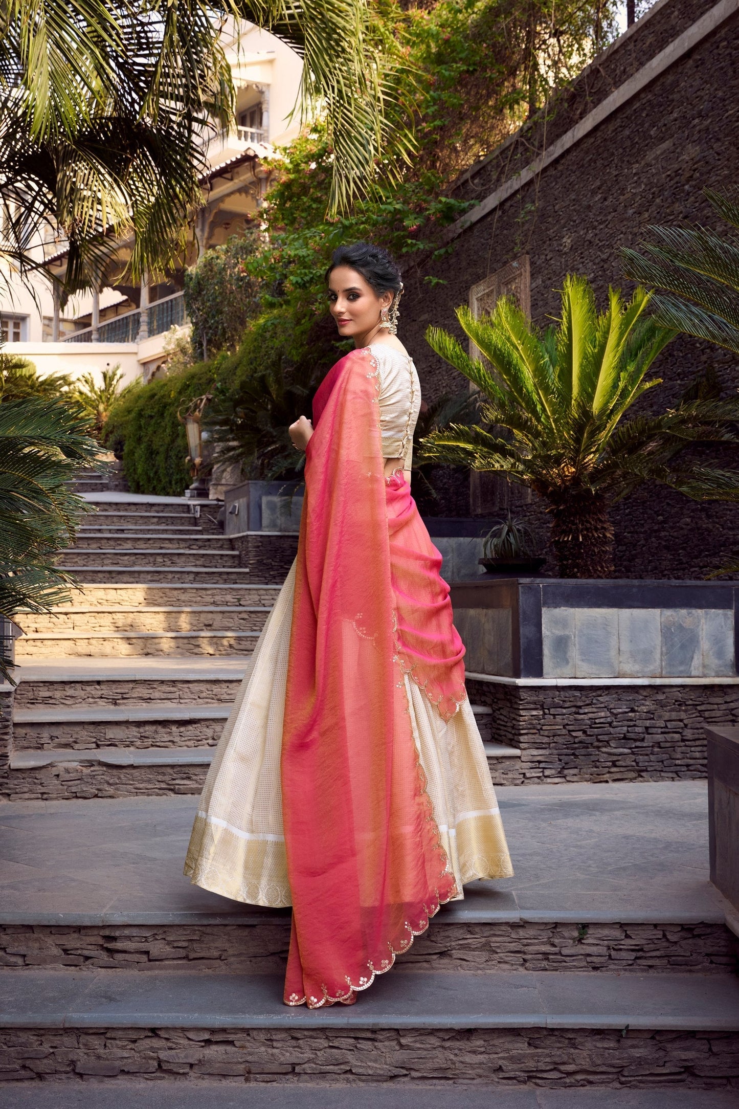 Shubhra Gold Jacquard Lehenga with Contrast Embroidered Dupatta