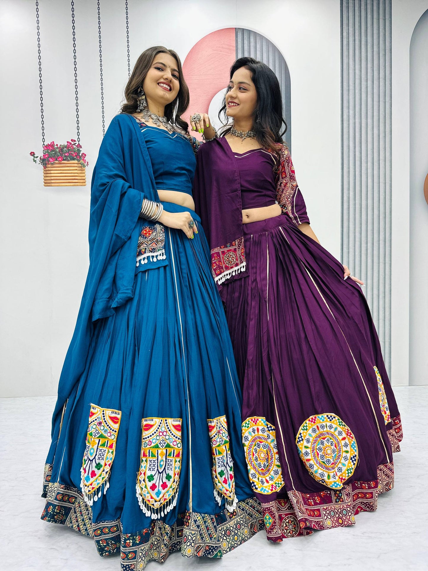 Kavya & Riddhi’s Mirror Magic: Pure Cotton Lehenga Choli