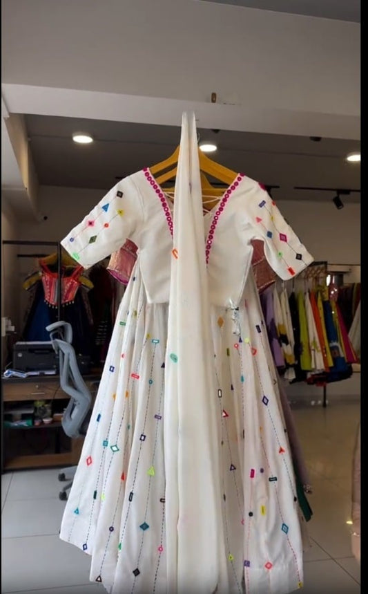 White Mirror Embroidered Choli with Multicolor Threadwork |